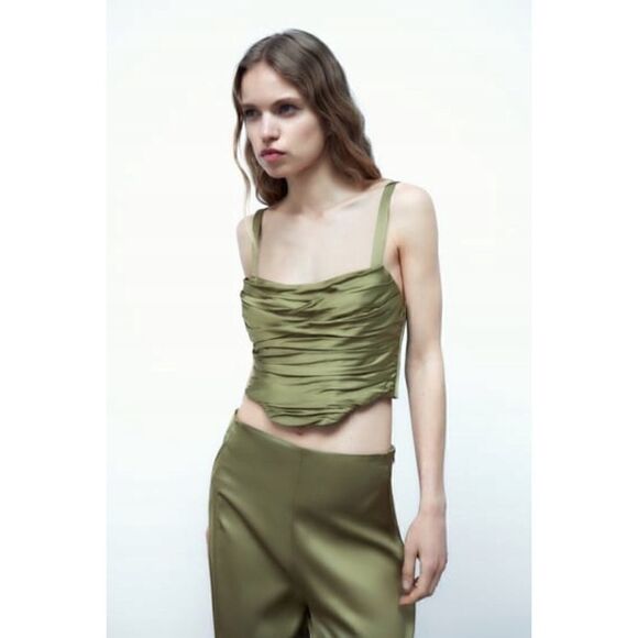 NWT Zara Blogger’s Favorite Green Satin Effect Ruched Draped Corset Top, Size XS - Picture 3 of 16